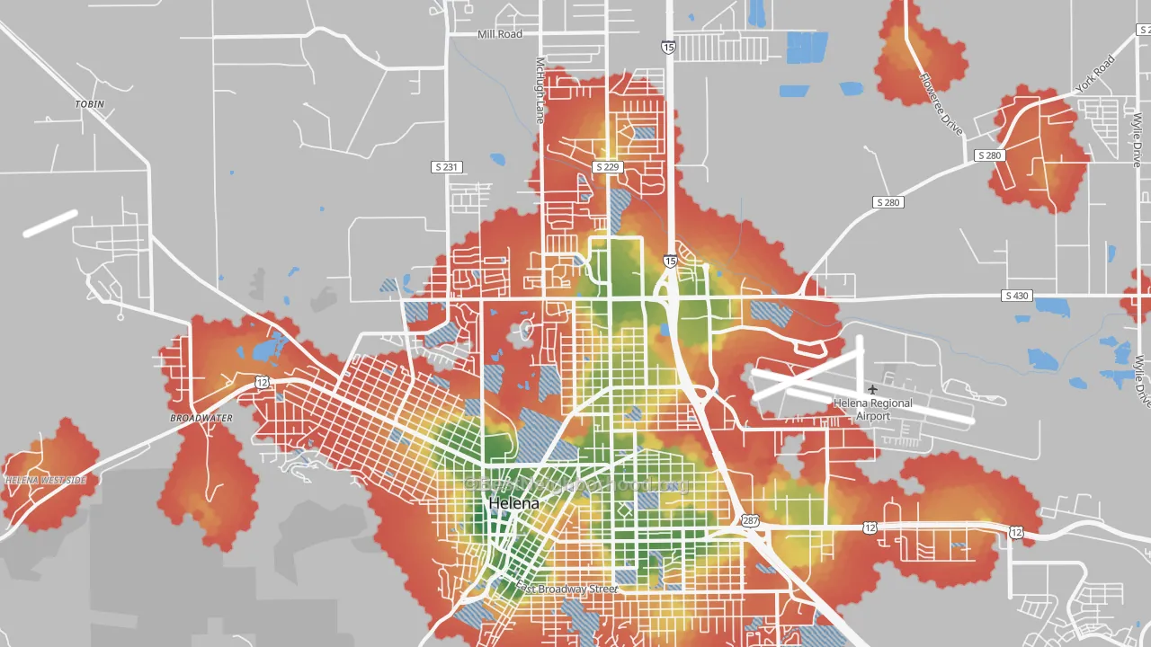 Walk Grade map of North, Helena, MT, walkable areas in green and car-dependent areas in red