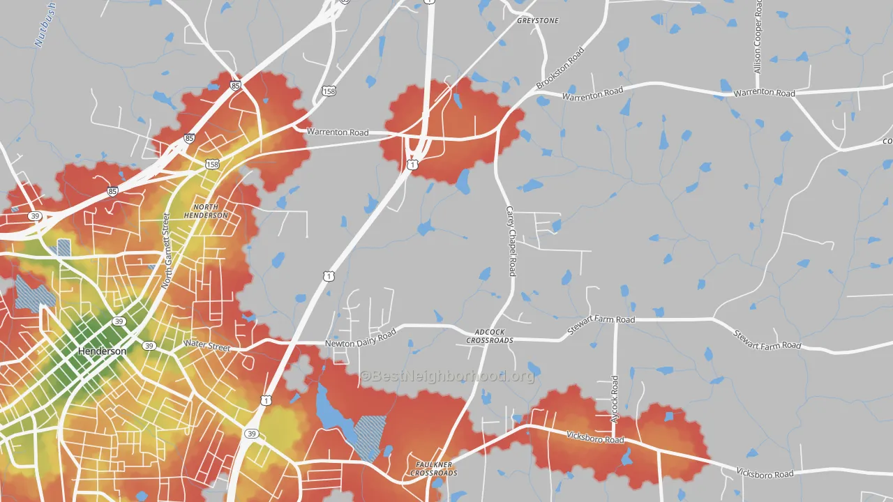 Walk Grade map of North Henderson, NC, walkable areas in green and car-dependent areas in red