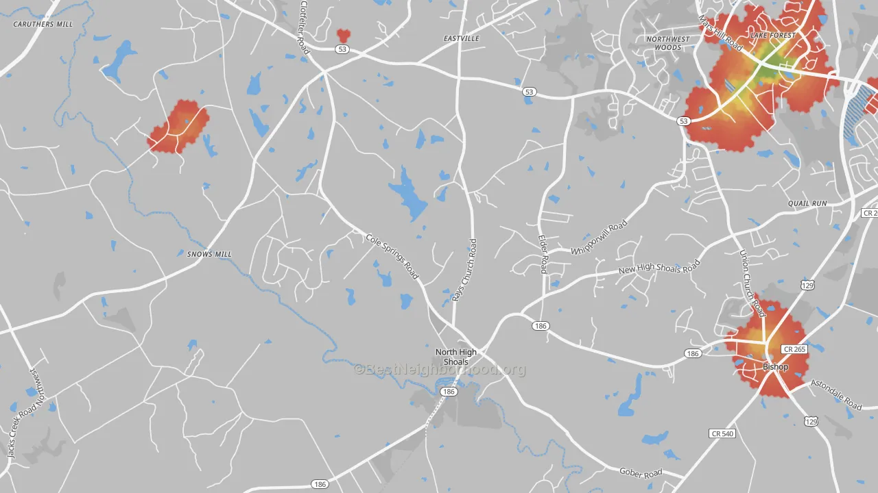 Walk Grade map of North High Shoals, GA, walkable areas in green and car-dependent areas in red