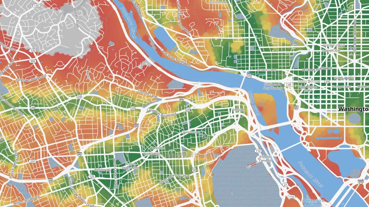 Walk Grade map of North Highland, Arlington, VA, walkable areas in green and car-dependent areas in red