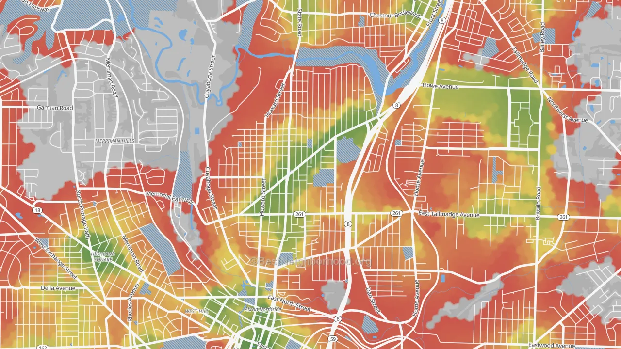 Walk Grade map of North Hill, Akron, OH, walkable areas in green and car-dependent areas in red