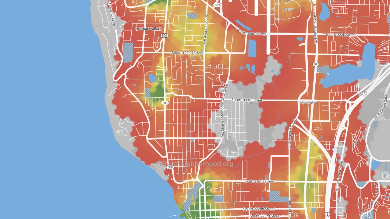 Walk Grade map of North Hill, Des Moines, WA, walkable areas in green and car-dependent areas in red