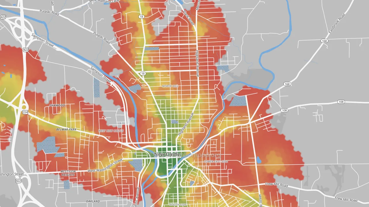 Walk Grade map of North Hill Historic District, New Castle, PA, walkable areas in green and car-dependent areas in red