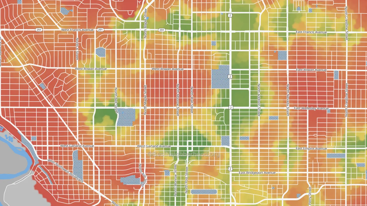 Walk Grade map of North Hill, Spokane, WA, walkable areas in green and car-dependent areas in red