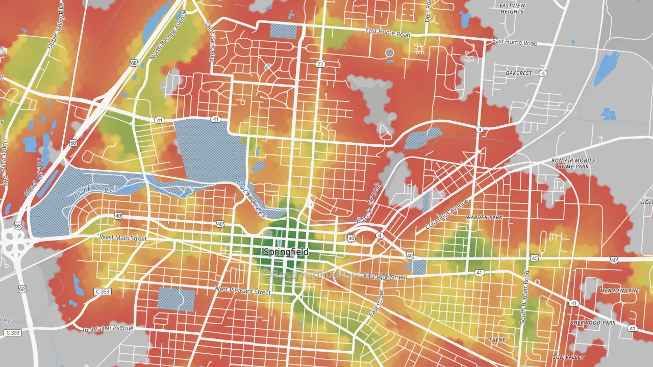 Walk Grade map of North Hill, Springfield, OH, walkable areas in green and car-dependent areas in red