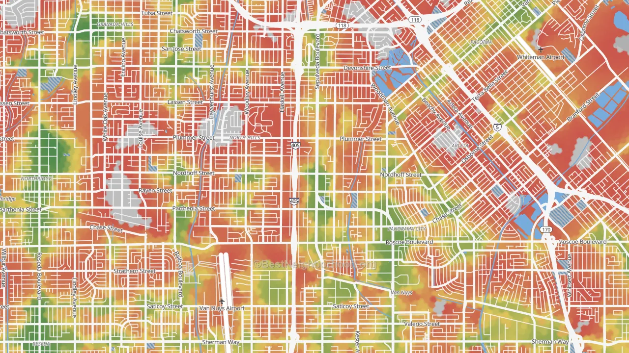 Walk Grade map of North Hills, CA, walkable areas in green and car-dependent areas in red
