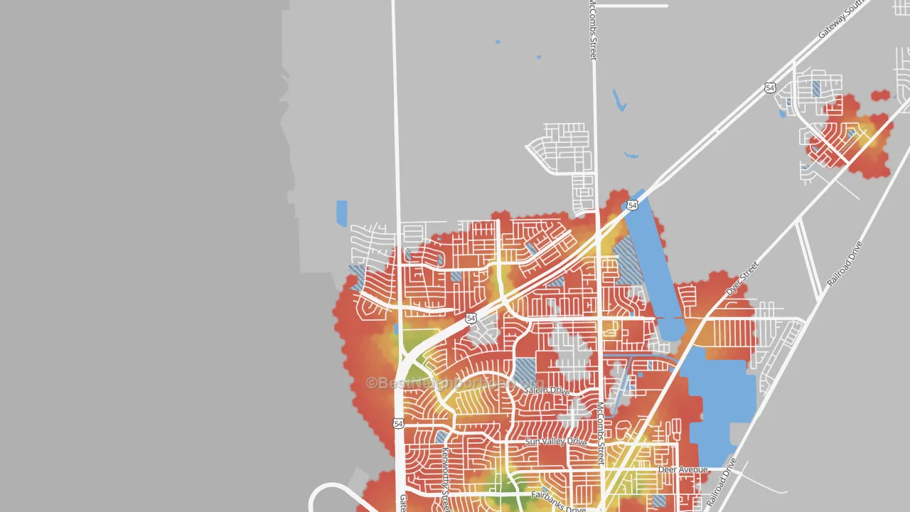 Walk Grade map of North Hills, El Paso, TX, walkable areas in green and car-dependent areas in red