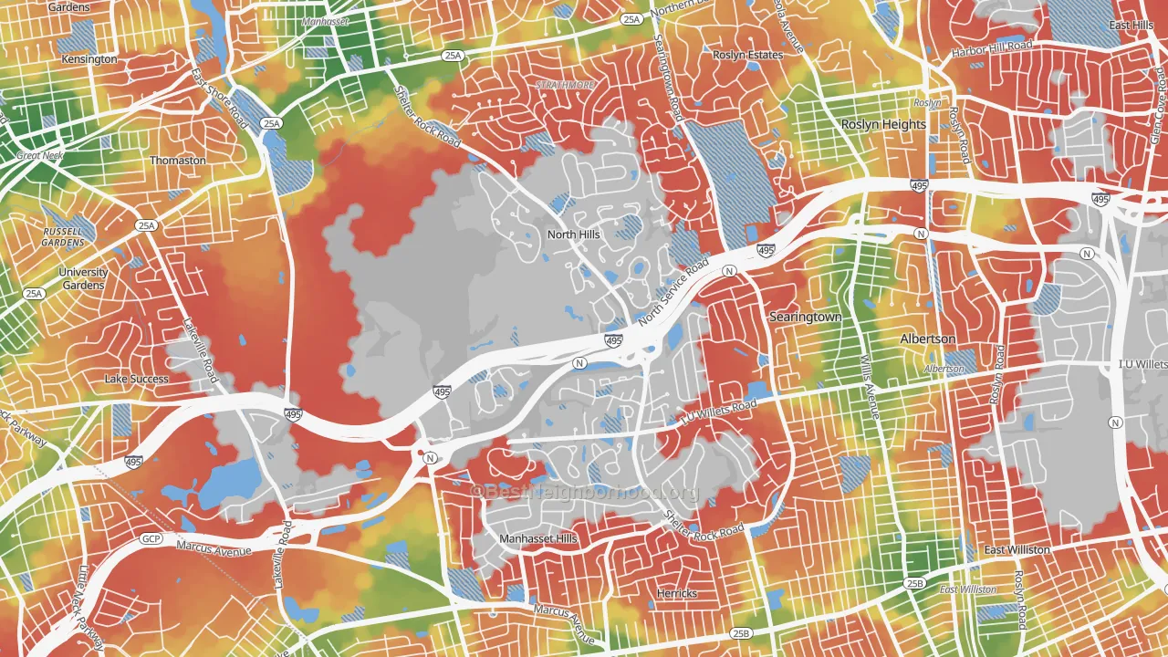 Walk Grade map of North Hills, NY, walkable areas in green and car-dependent areas in red