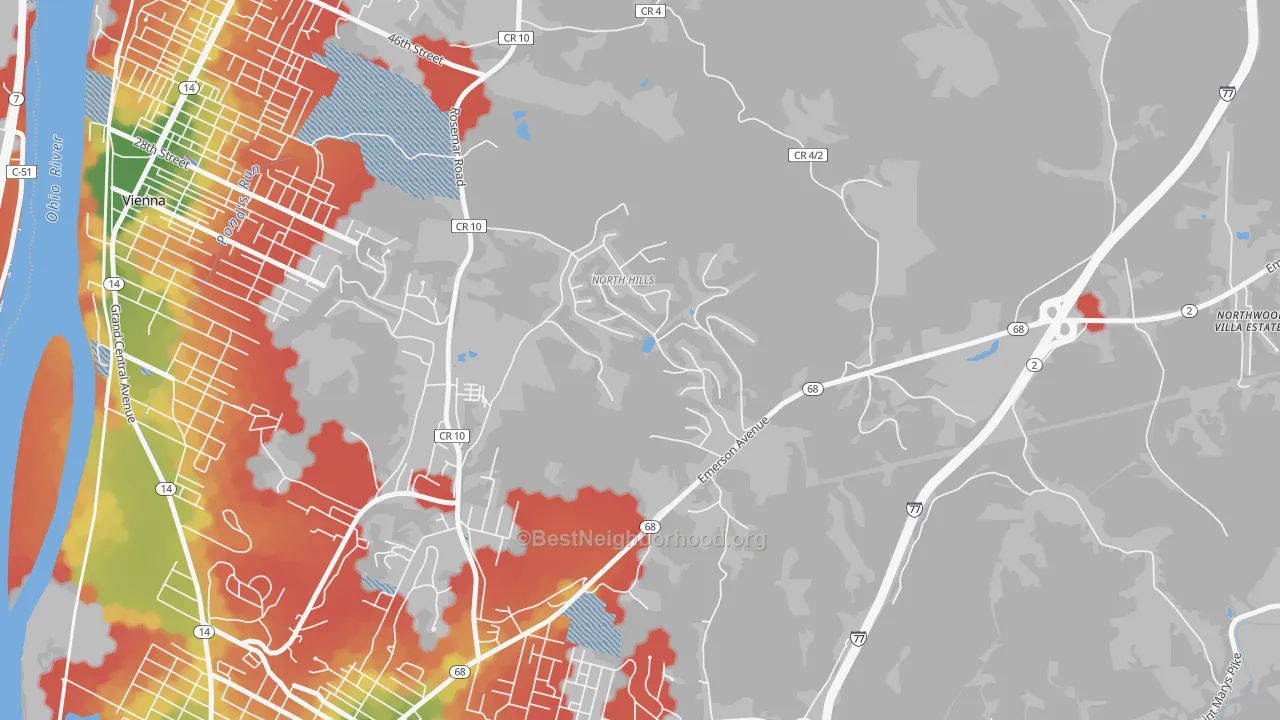 Walk Grade map of North Hills, WV, walkable areas in green and car-dependent areas in red