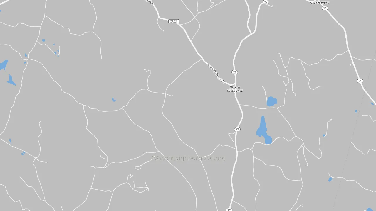 Walk Grade map of North Hillsdale, NY, walkable areas in green and car-dependent areas in red