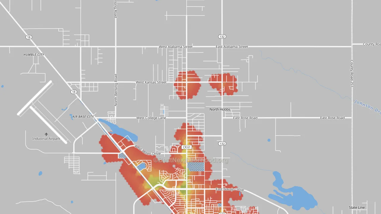 Walk Grade map of North Hobbs, NM, walkable areas in green and car-dependent areas in red
