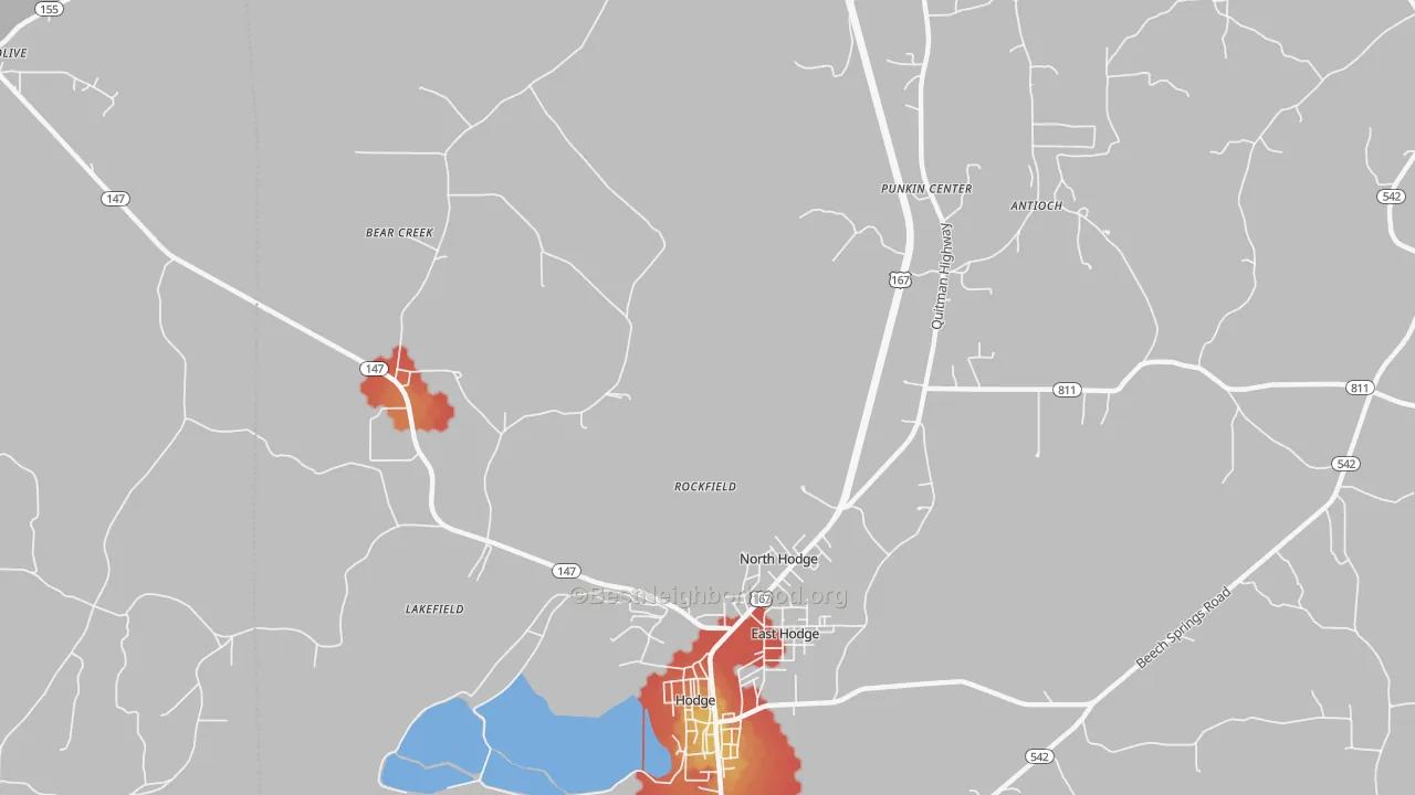Walk Grade map of North Hodge, LA, walkable areas in green and car-dependent areas in red