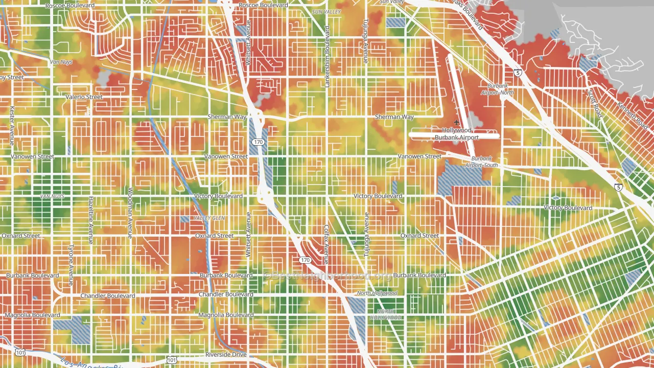 Walk Grade map of North Hollywood, CA, walkable areas in green and car-dependent areas in red