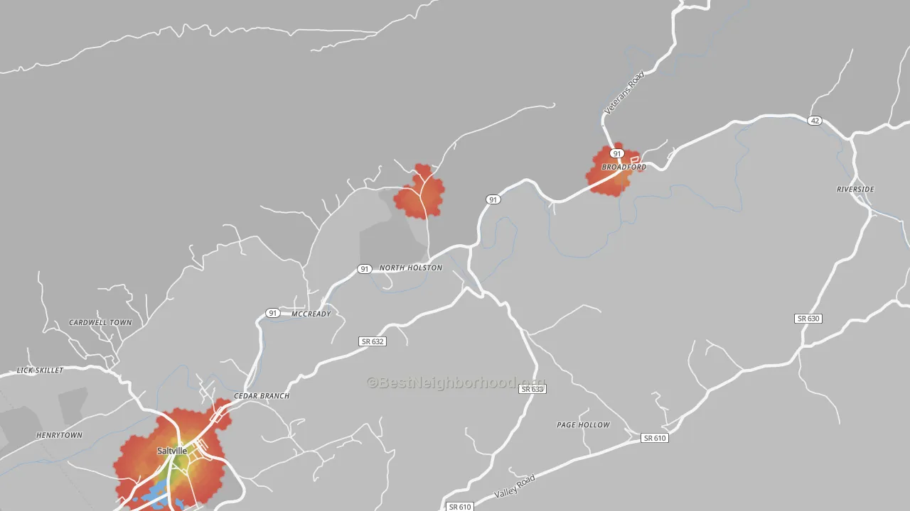 Walk Grade map of North Holston, VA, walkable areas in green and car-dependent areas in red