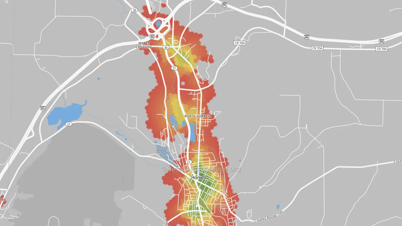 Walk Grade map of North Hornell, NY, walkable areas in green and car-dependent areas in red