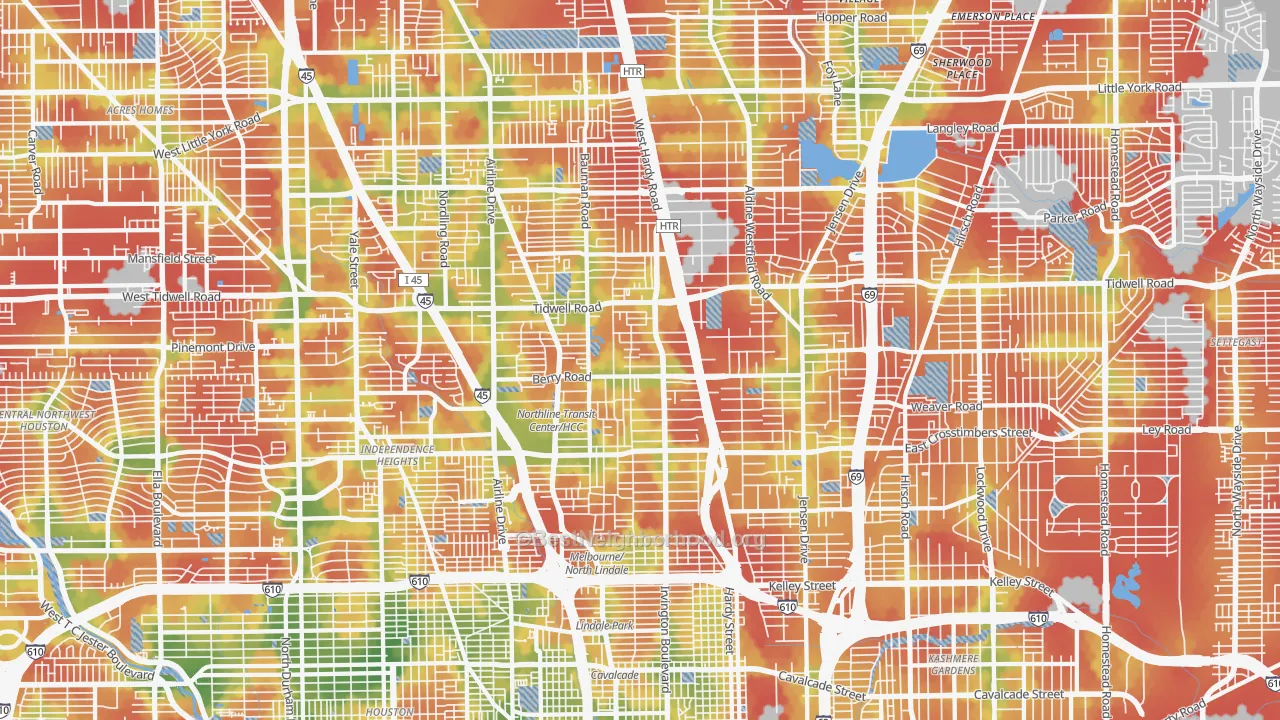 Walk Grade map of North, Houston, TX, walkable areas in green and car-dependent areas in red