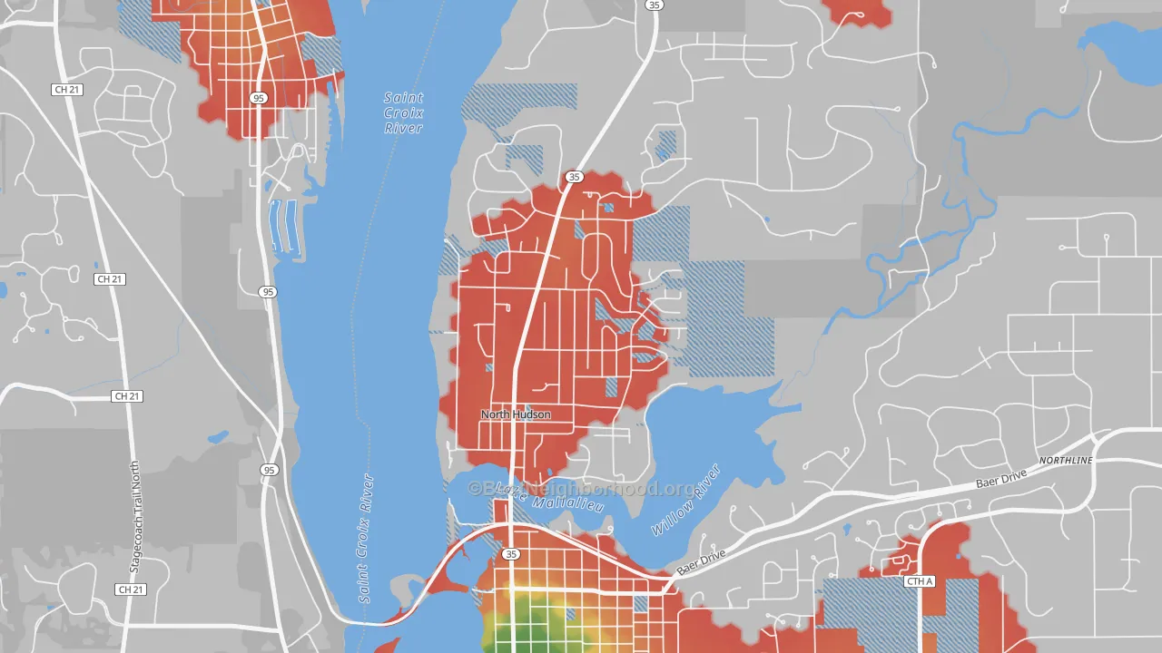 Walk Grade map of North Hudson, WI, walkable areas in green and car-dependent areas in red