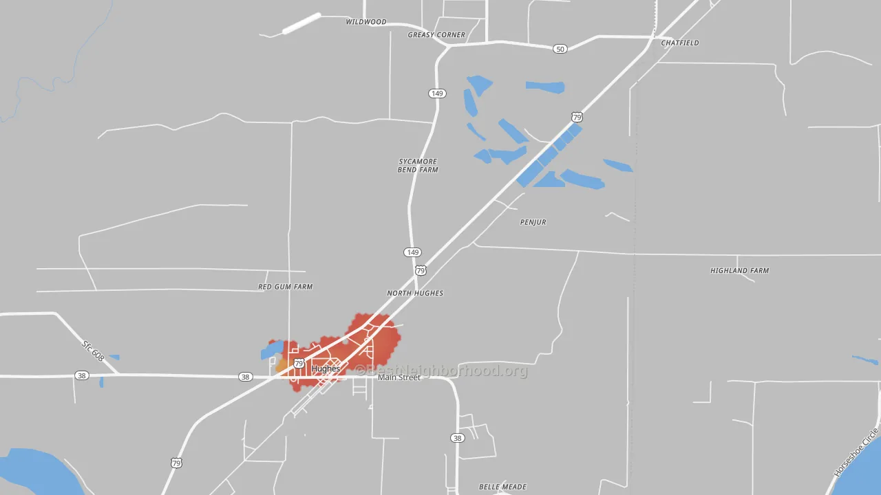 Walk Grade map of North Hughes, AR, walkable areas in green and car-dependent areas in red