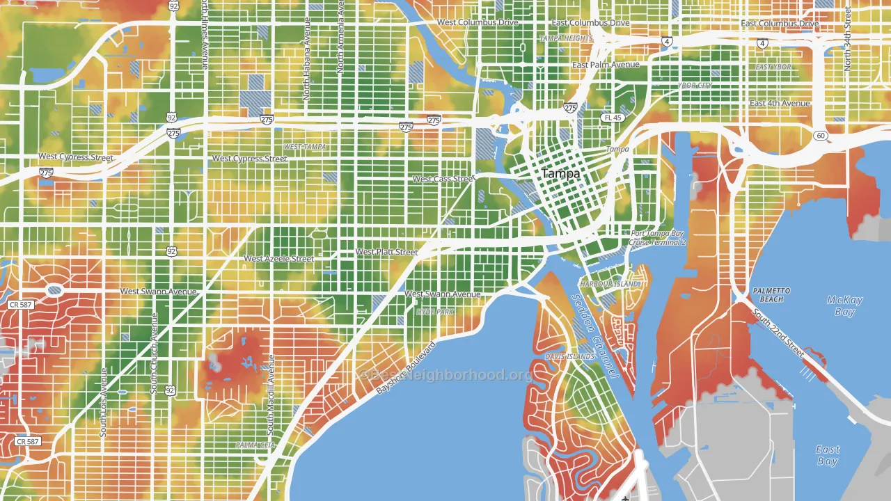 Walk Grade map of North Hyde Park, Tampa, FL, walkable areas in green and car-dependent areas in red