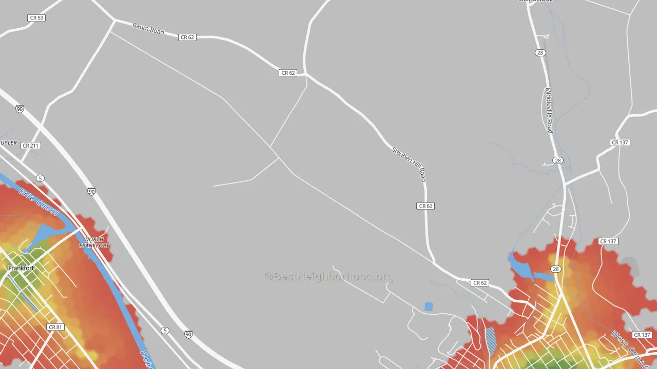 Walk Grade map of North Ilion, NY, walkable areas in green and car-dependent areas in red