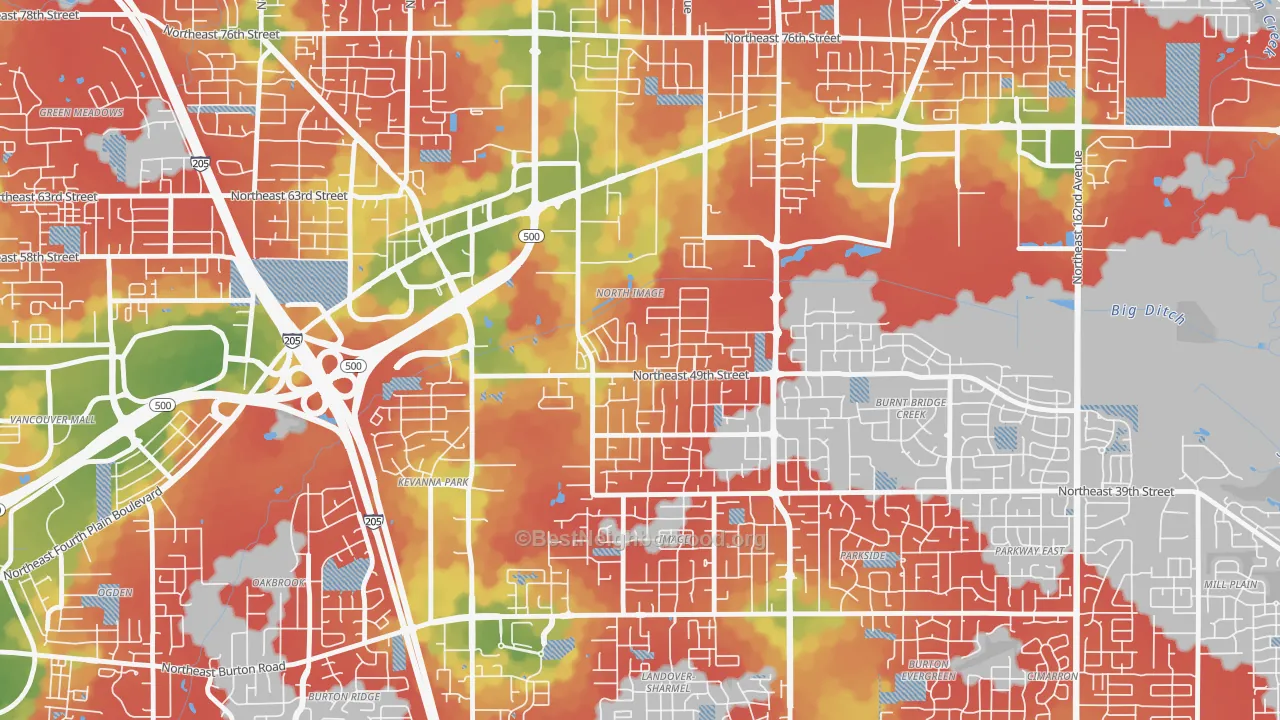 Walk Grade map of North Image, Vancouver, WA, walkable areas in green and car-dependent areas in red