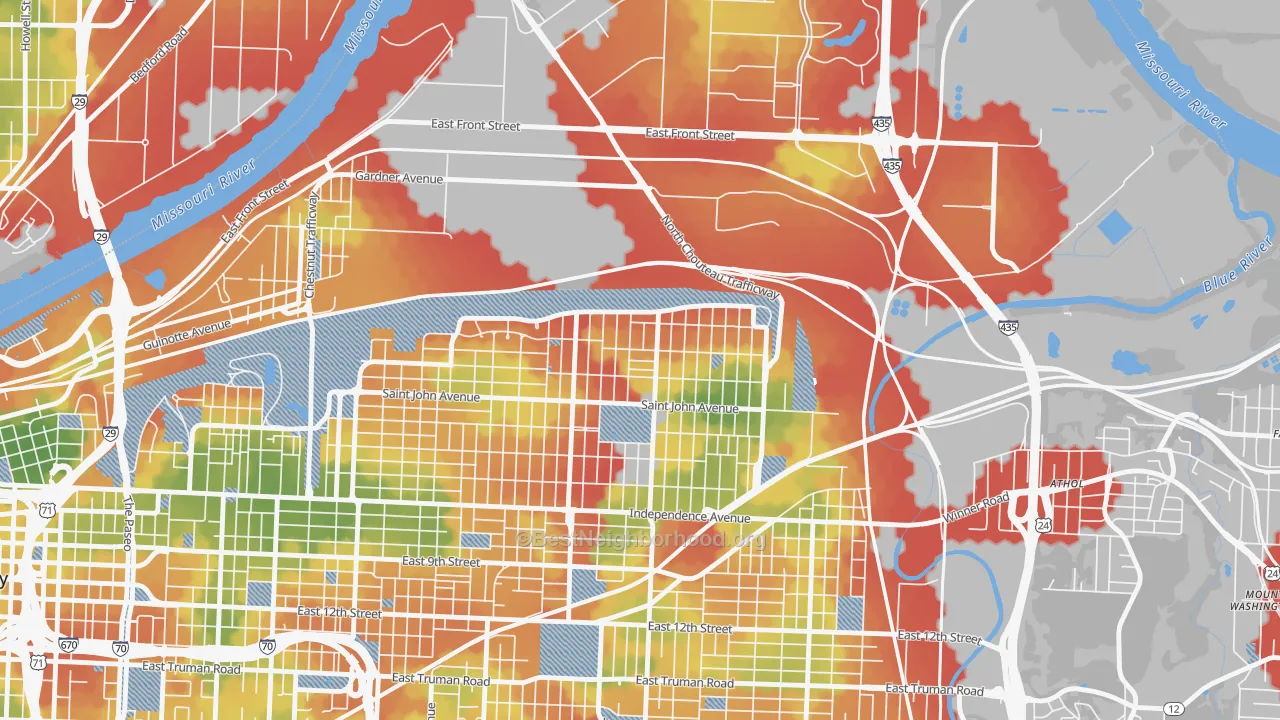 Walk Grade map of North India Mound, Kansas City, MO, walkable areas in green and car-dependent areas in red