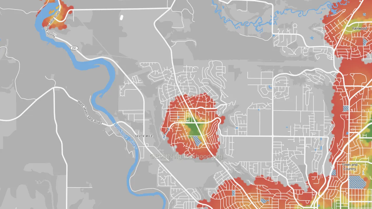 Walk Grade map of North Indian Trail, Spokane, WA, walkable areas in green and car-dependent areas in red