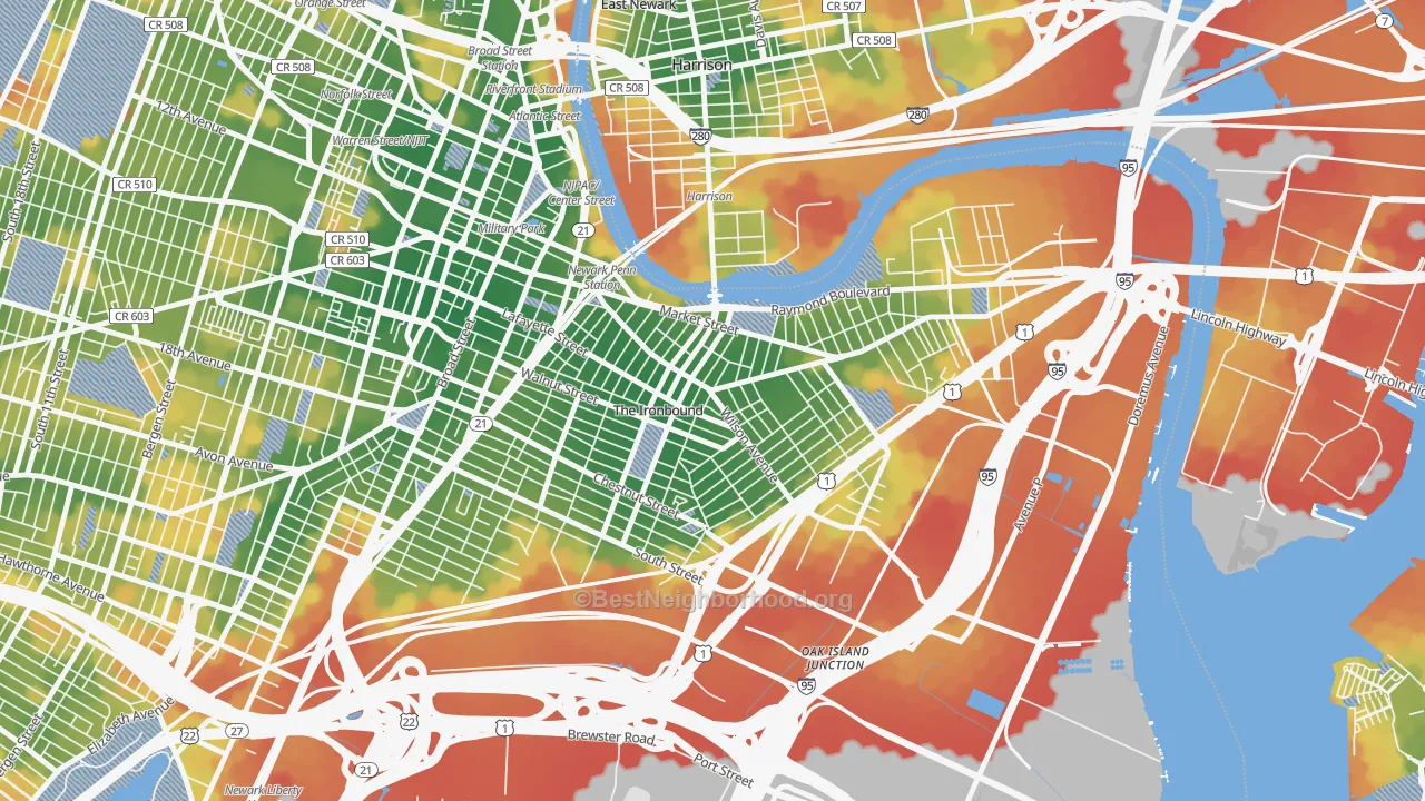 Walk Grade map of North Ironbound, Newark, NJ, walkable areas in green and car-dependent areas in red