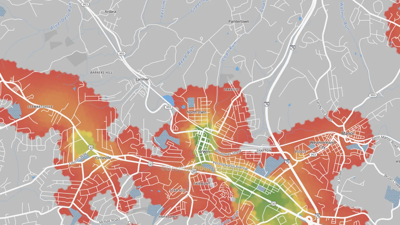 Walk Grade map of North Irwin, PA, walkable areas in green and car-dependent areas in red