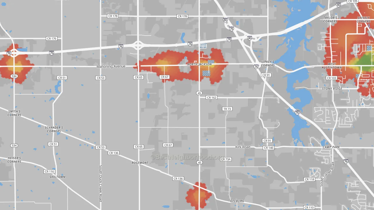 Walk Grade map of North Jackson, OH, walkable areas in green and car-dependent areas in red