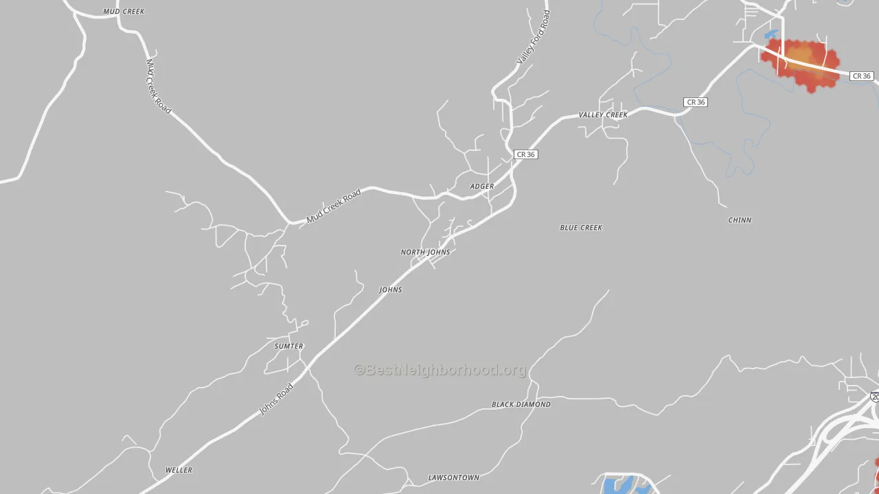 Walk Grade map of North Johns, AL, walkable areas in green and car-dependent areas in red