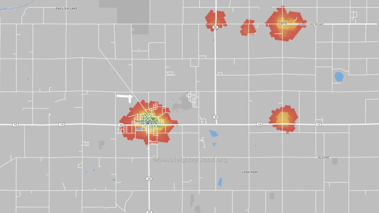 Walk Grade map of North Judson, IN, walkable areas in green and car-dependent areas in red