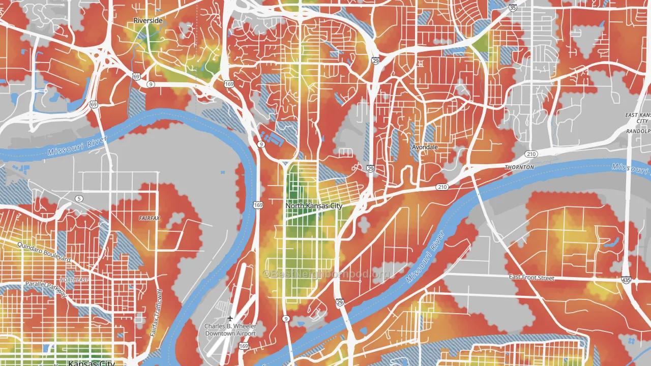 Walk Grade map of North Kansas City, MO, walkable areas in green and car-dependent areas in red