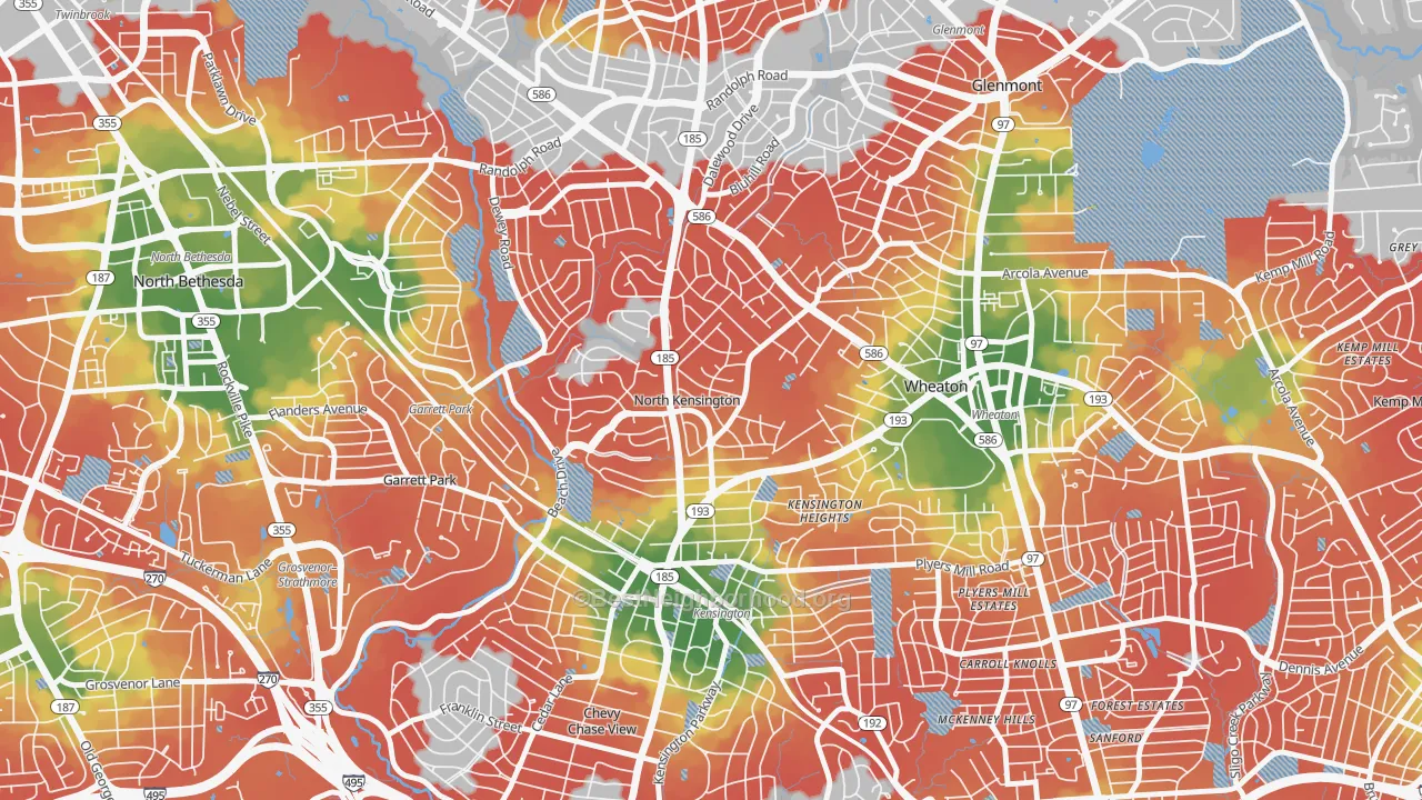 Walk Grade map of North Kensington, Kensington, MD, walkable areas in green and car-dependent areas in red