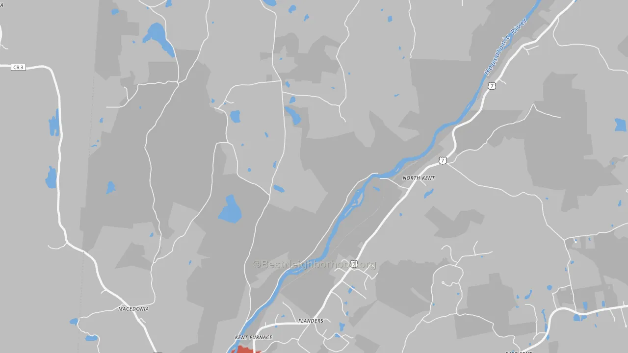 Walk Grade map of North Kent, CT, walkable areas in green and car-dependent areas in red