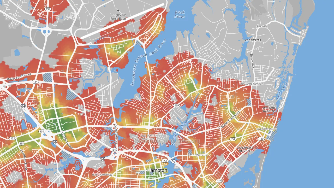 Walk Grade map of North King St, Hampton, VA, walkable areas in green and car-dependent areas in red