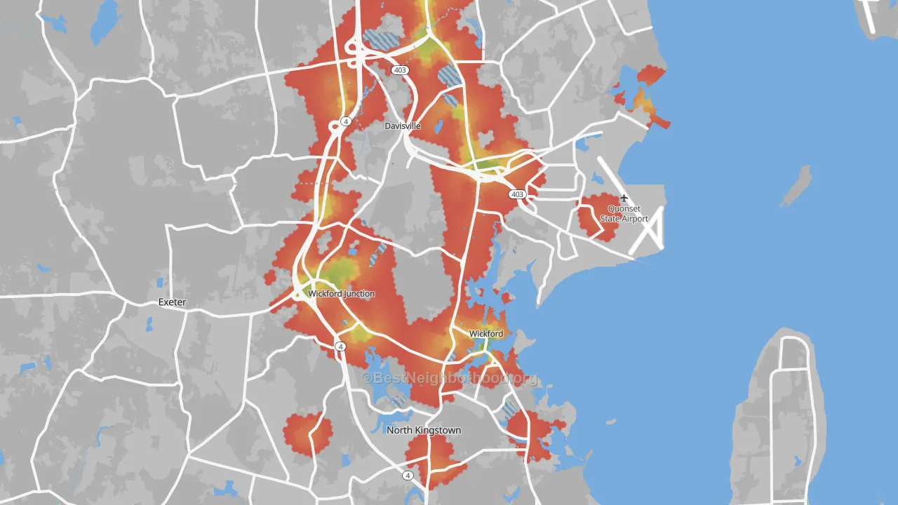 Walk Grade map of North Kingstown, RI, walkable areas in green and car-dependent areas in red