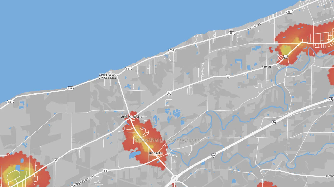 Walk Grade map of North Kingsville, OH, walkable areas in green and car-dependent areas in red