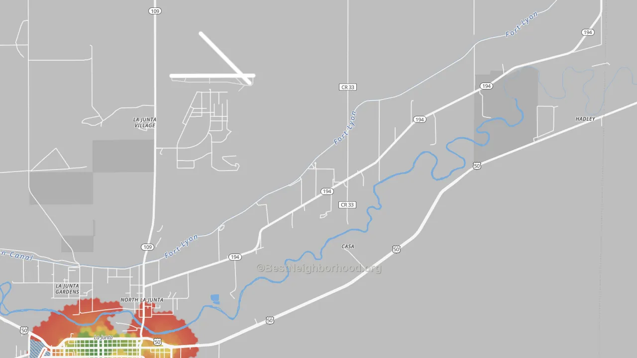 Walk Grade map of North La Junta, CO, walkable areas in green and car-dependent areas in red