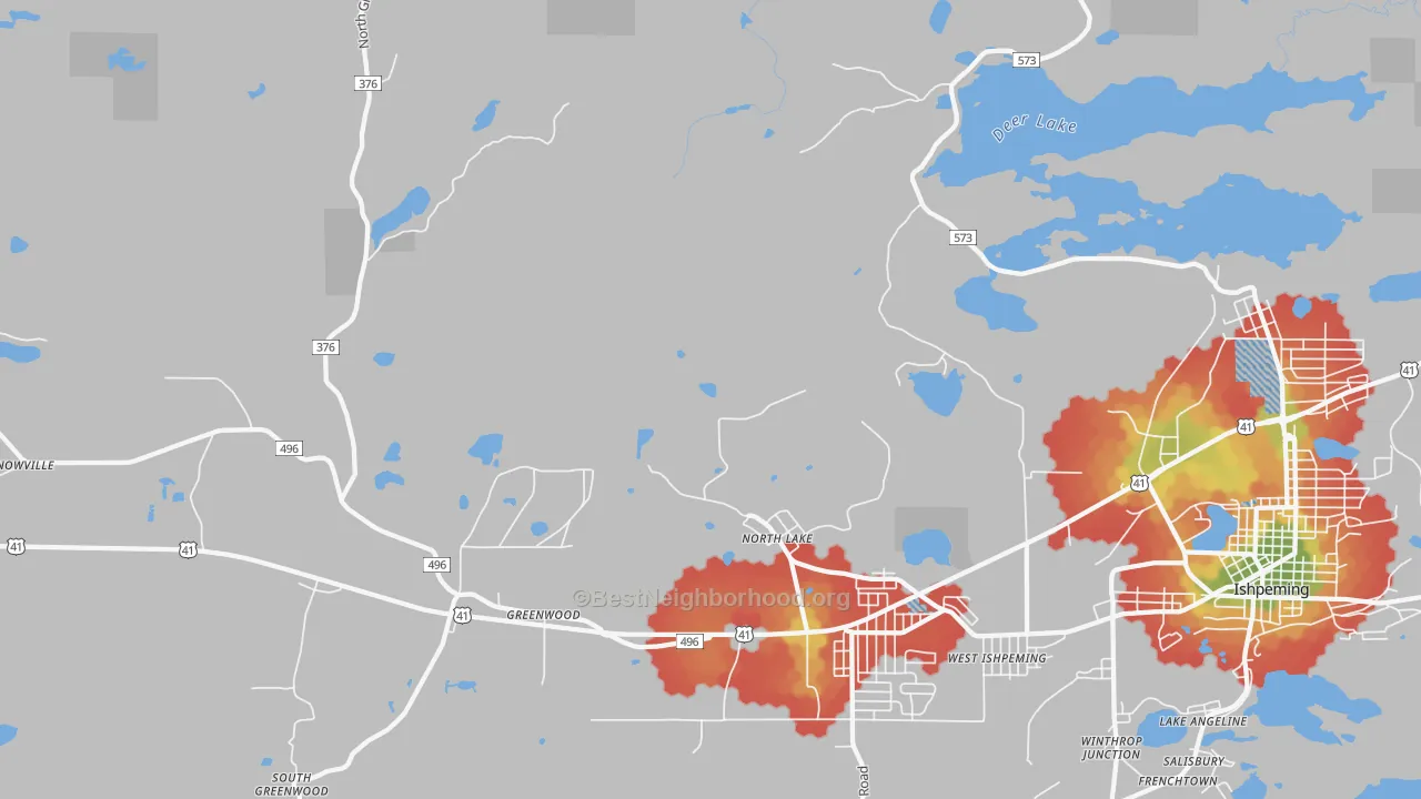 Walk Grade map of North Lake, MI, walkable areas in green and car-dependent areas in red
