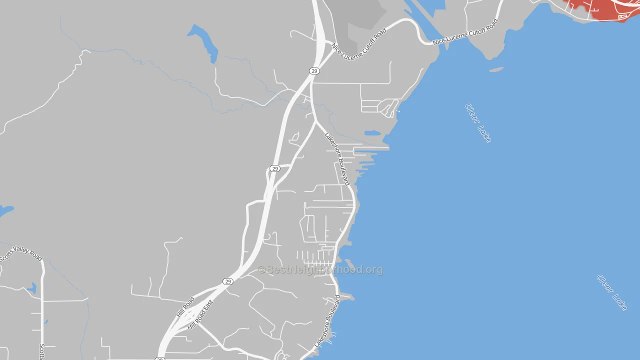 Walk Grade map of North Lakeport, CA, walkable areas in green and car-dependent areas in red