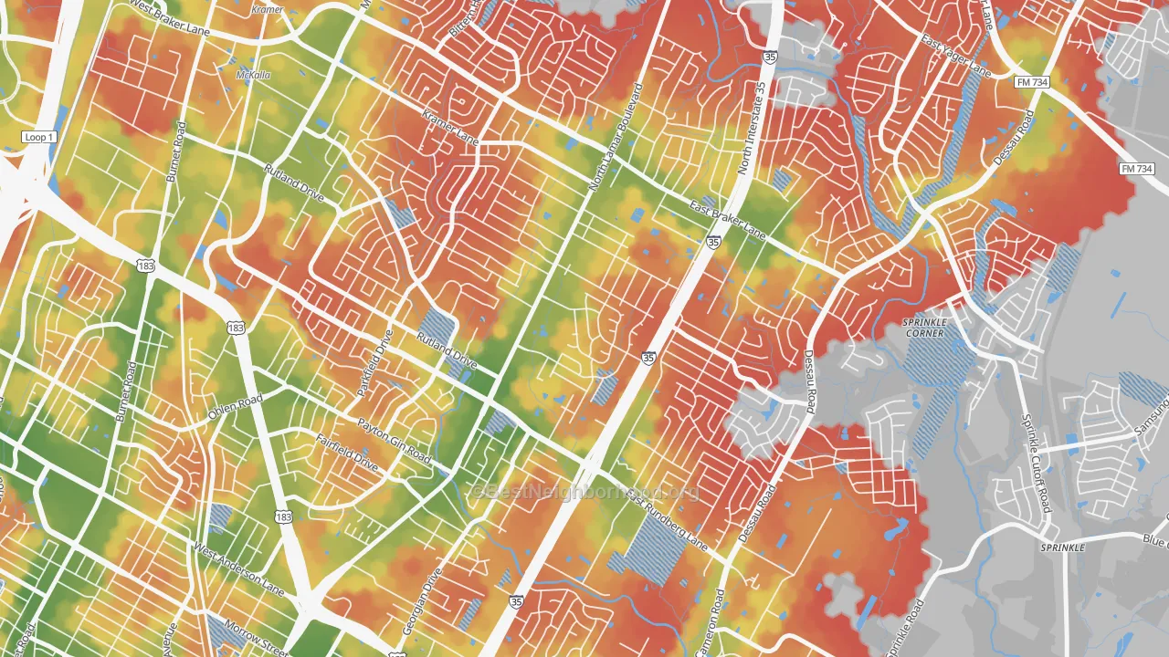 Walk Grade map of North Lamar, Austin, TX, walkable areas in green and car-dependent areas in red