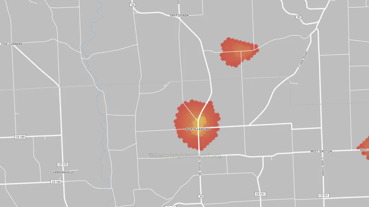 Walk Grade map of North Lansing, NY, walkable areas in green and car-dependent areas in red