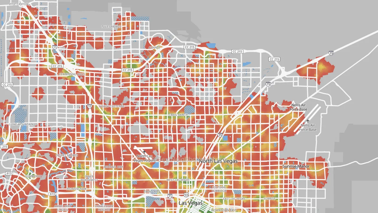 Walk Grade map of North Las Vegas, NV, walkable areas in green and car-dependent areas in red