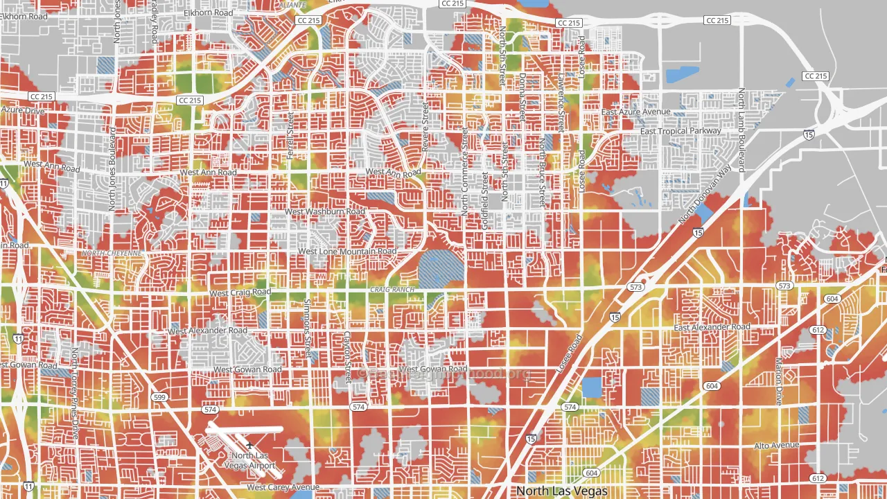 Walk Grade map of North Last Vegas, North Las Vegas, NV, walkable areas in green and car-dependent areas in red