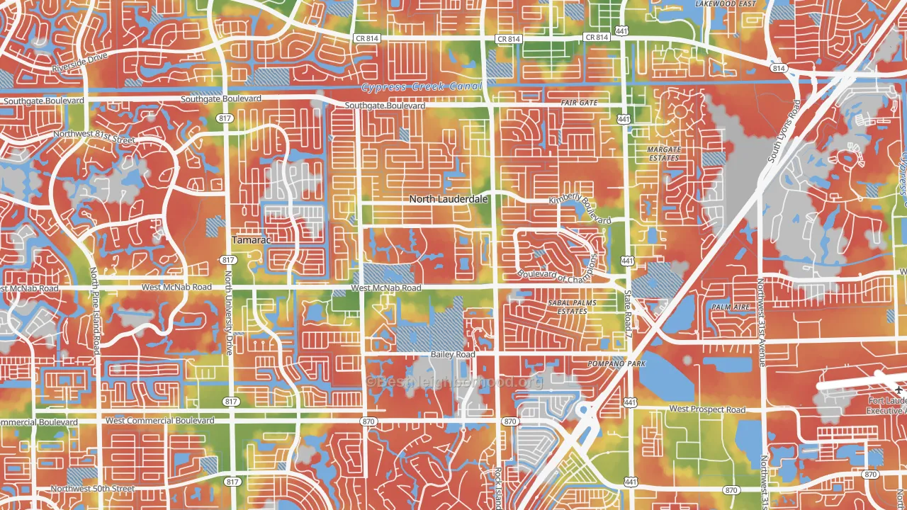 Walk Grade map of North Lauderdale Estates, North Lauderdale, FL, walkable areas in green and car-dependent areas in red