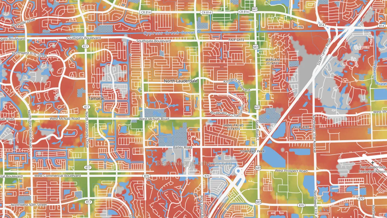 Walk Grade map of North Lauderdale, FL, walkable areas in green and car-dependent areas in red