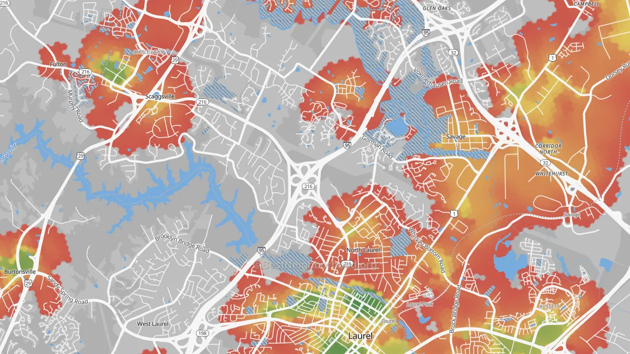 Walk Grade map of North Laurel, Scaggsville, MD, walkable areas in green and car-dependent areas in red