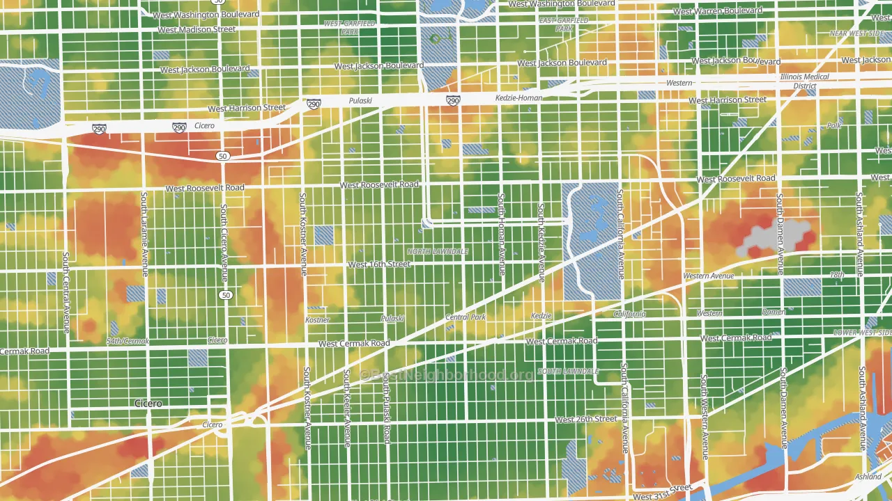 Walk Grade map of North Lawndale, Chicago, IL, walkable areas in green and car-dependent areas in red