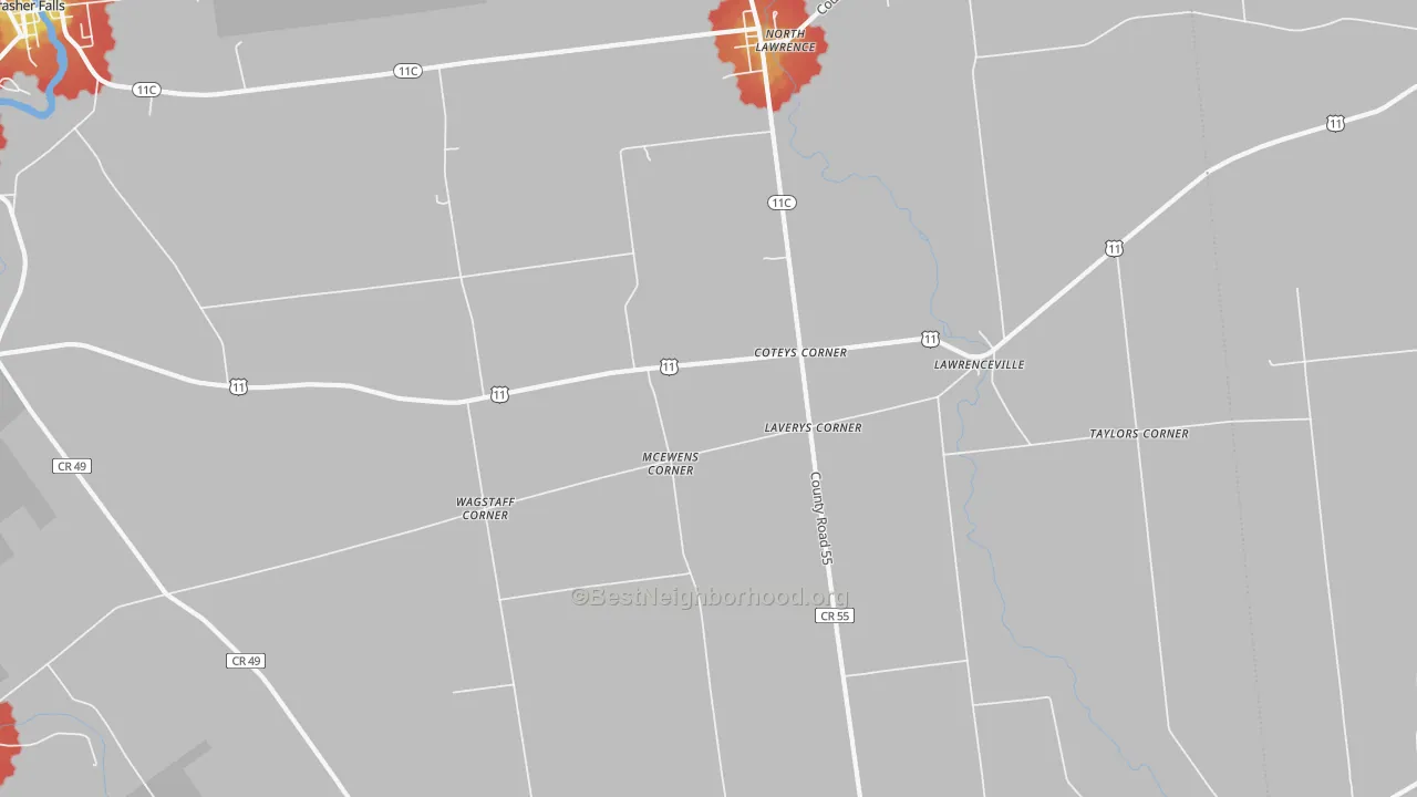 Walk Grade map of North Lawrence, NY, walkable areas in green and car-dependent areas in red